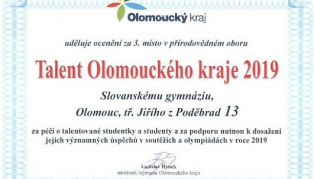 Talent Olomouckého kraje - 3. místo