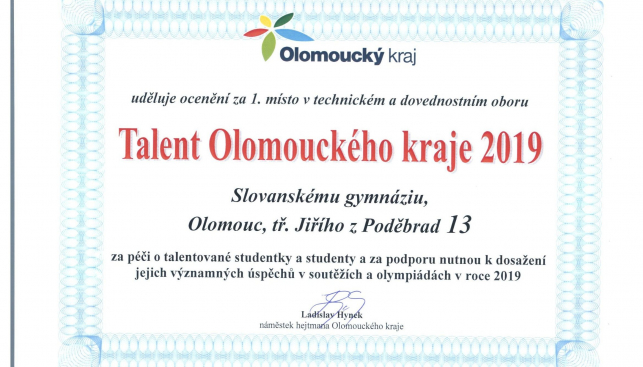 Talent olomouckého kraje - 1. místo